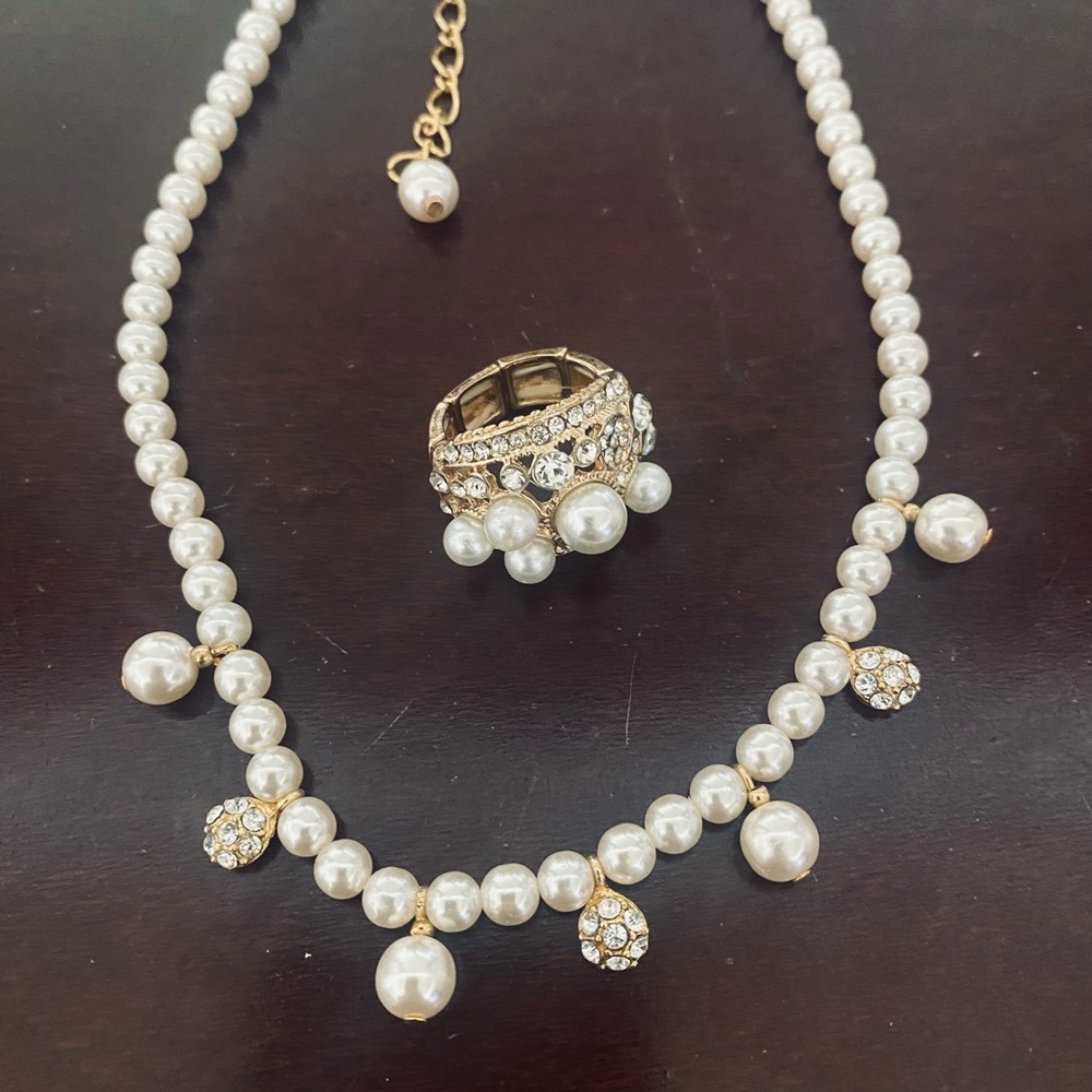 Elegant Faux Pearl Necklace and Ring Set